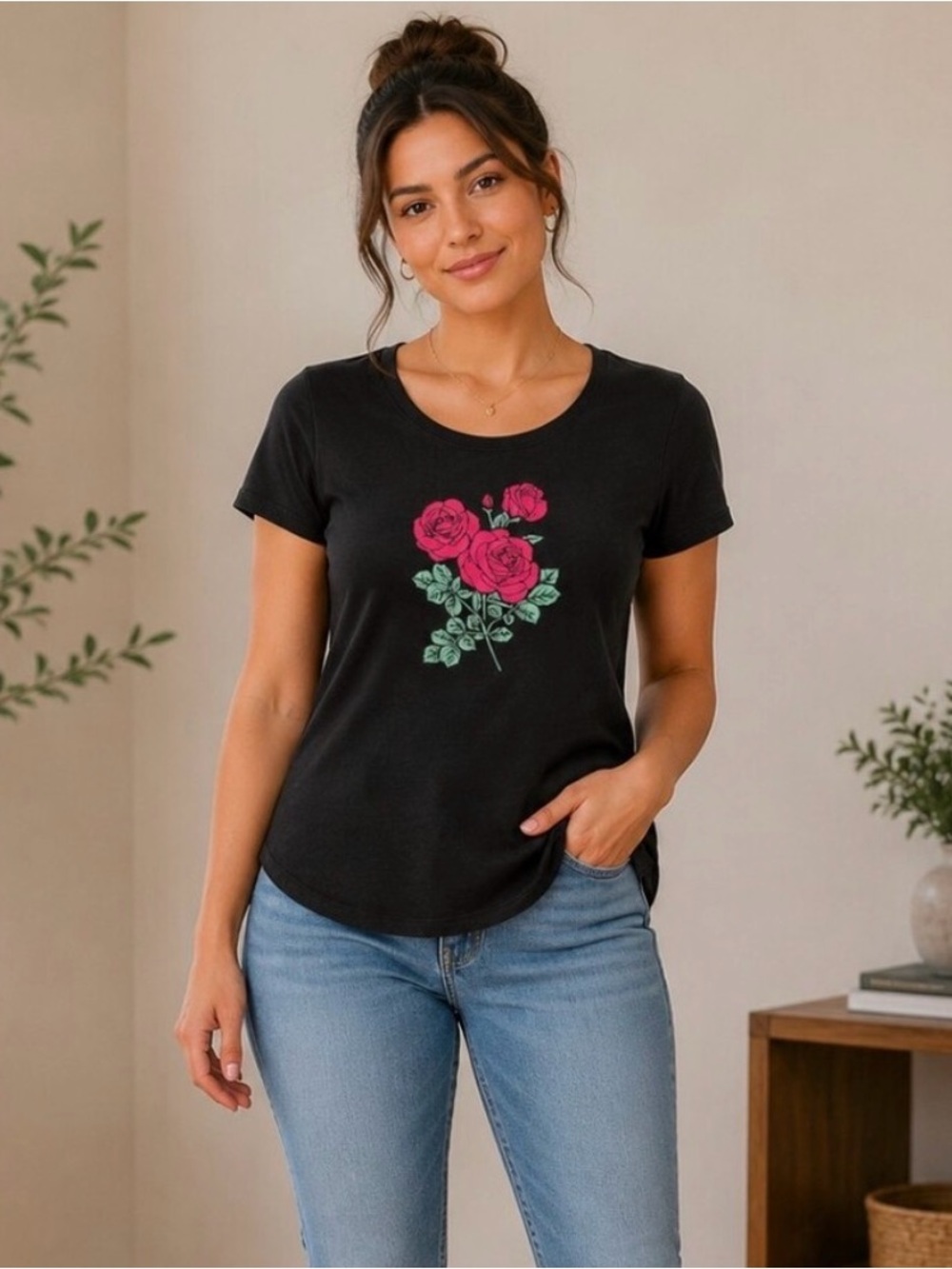 Free State Women's M Black Rose Floral Graphic Tee Aeropostale Short Sleeve Top